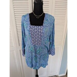 Jaclyn Smith Crinkle Top Women XL Blue White Paisley Check Vacation Blouse Tunic
